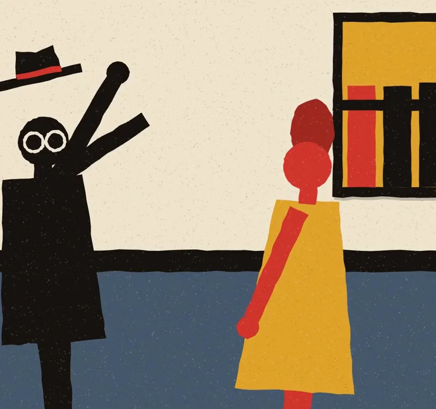 Dale, in a hat and round glasses, throws his arms up while Marjorie, in a yellow dress, looks away.