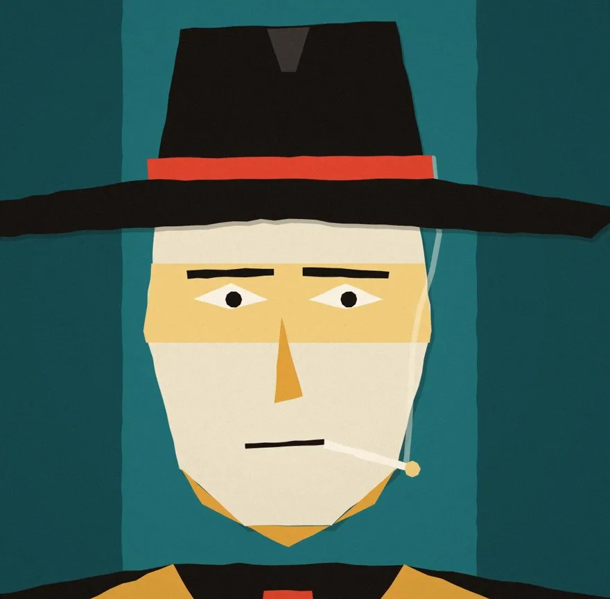 The Detective: a cut-paper man in a black hat with a red band, cigarette in his mouth.