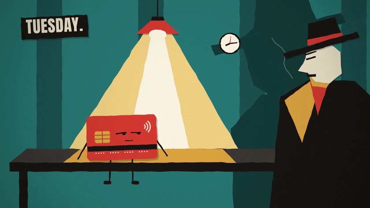 A red contactless card under an interrogation lamp, a detective in the shadows.